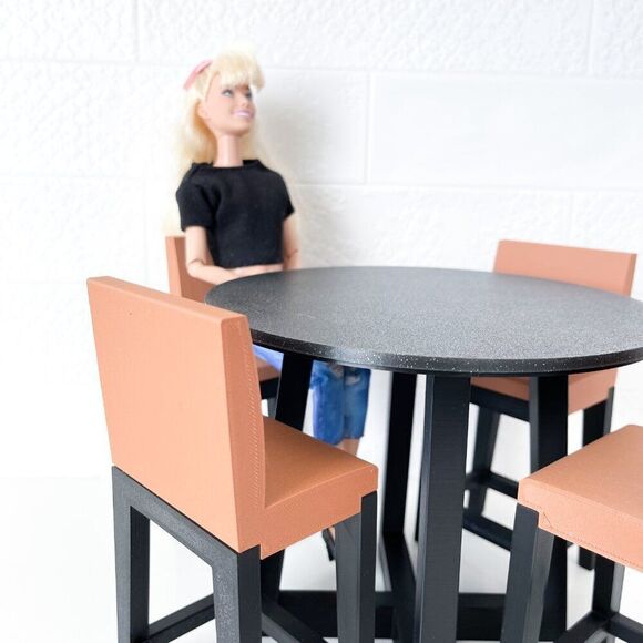Miniature Barbie Bistro Black Table 4  Chairs 3D Printed Dollhouse Furniture - Picture 4 of 6